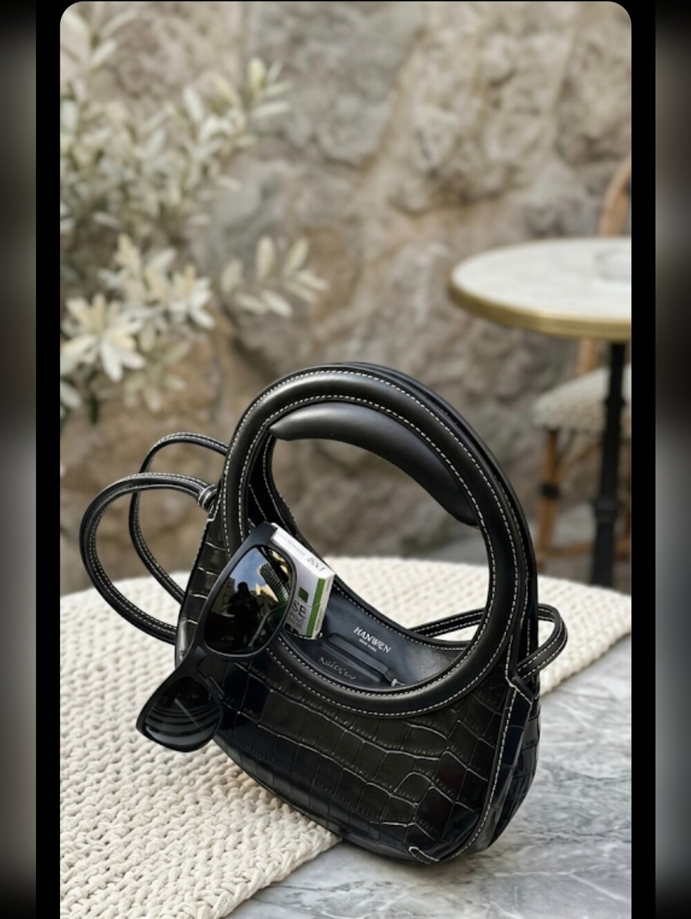 Han Wen Studio Nino Handle Bag in black croc-embossed calfskin